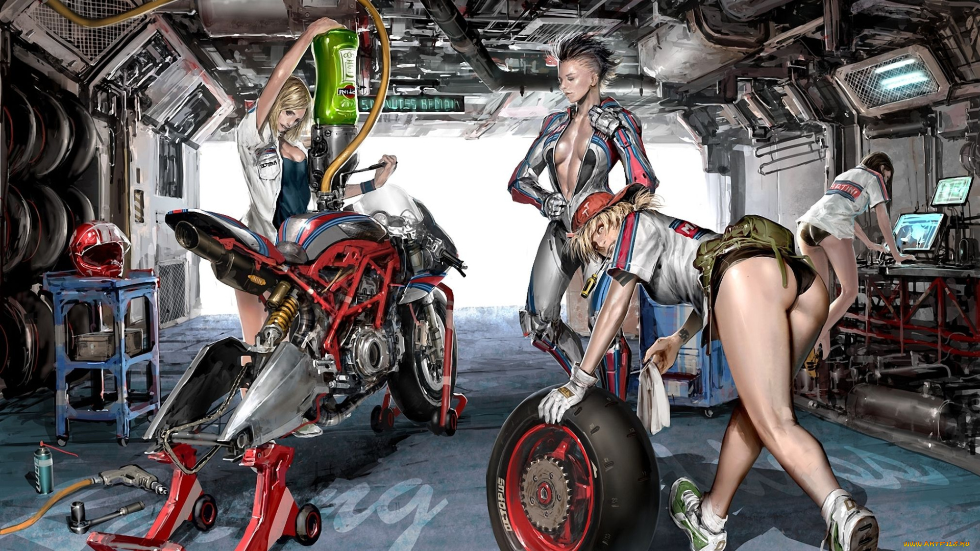 фэнтези, девушки, ford, mustang, cobra, мотоцикл, автомеханики, автомастерская