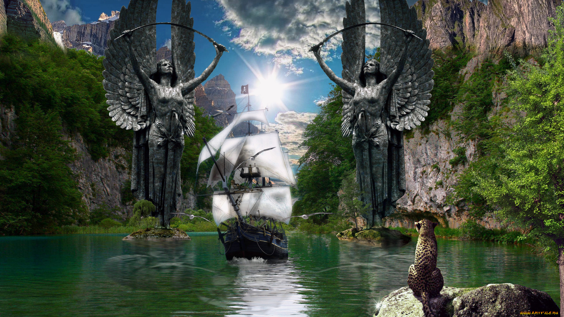 фэнтези, пейзажи, солнце, скалы, статуя, судно