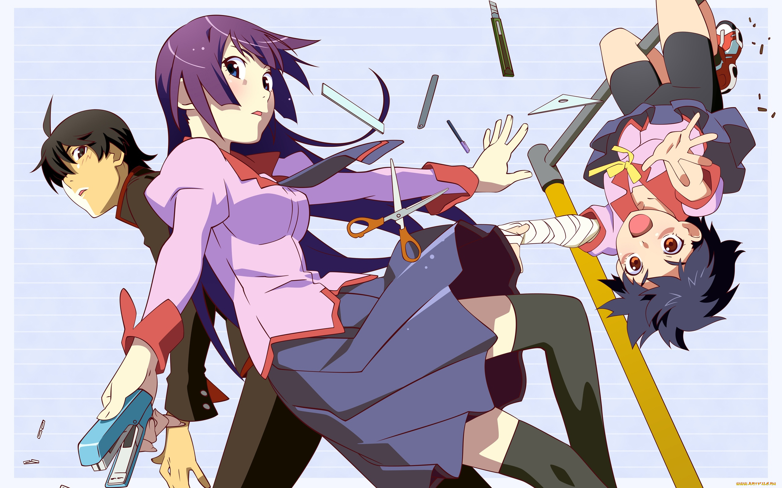 аниме, bakemonogatari, senjougahara, hitagi, девушка, форма, инструменты, степлер, ножницы, карандаш, ручка, нож, araragi, koyomi, мужчина, kanbaru, suruga, бинт, шорты