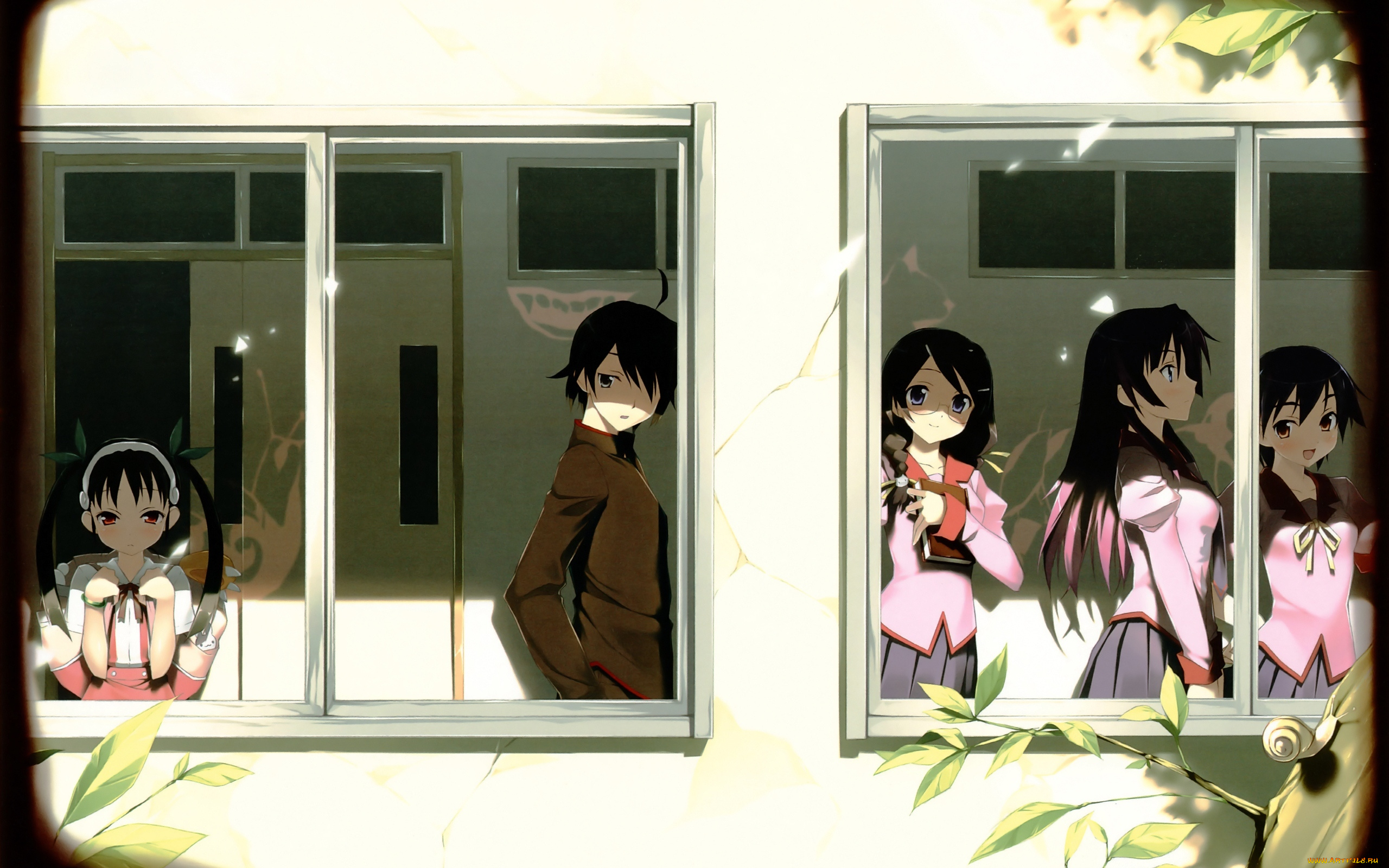 аниме, bakemonogatari, senjougahara, hitagi, девушка, форма, araragi, koyomi, мужчина, kanbaru, suruga, бинт, hanekawa, tsubasa, очки, косички, hachikuji, mayoi, портфель, бант, книга