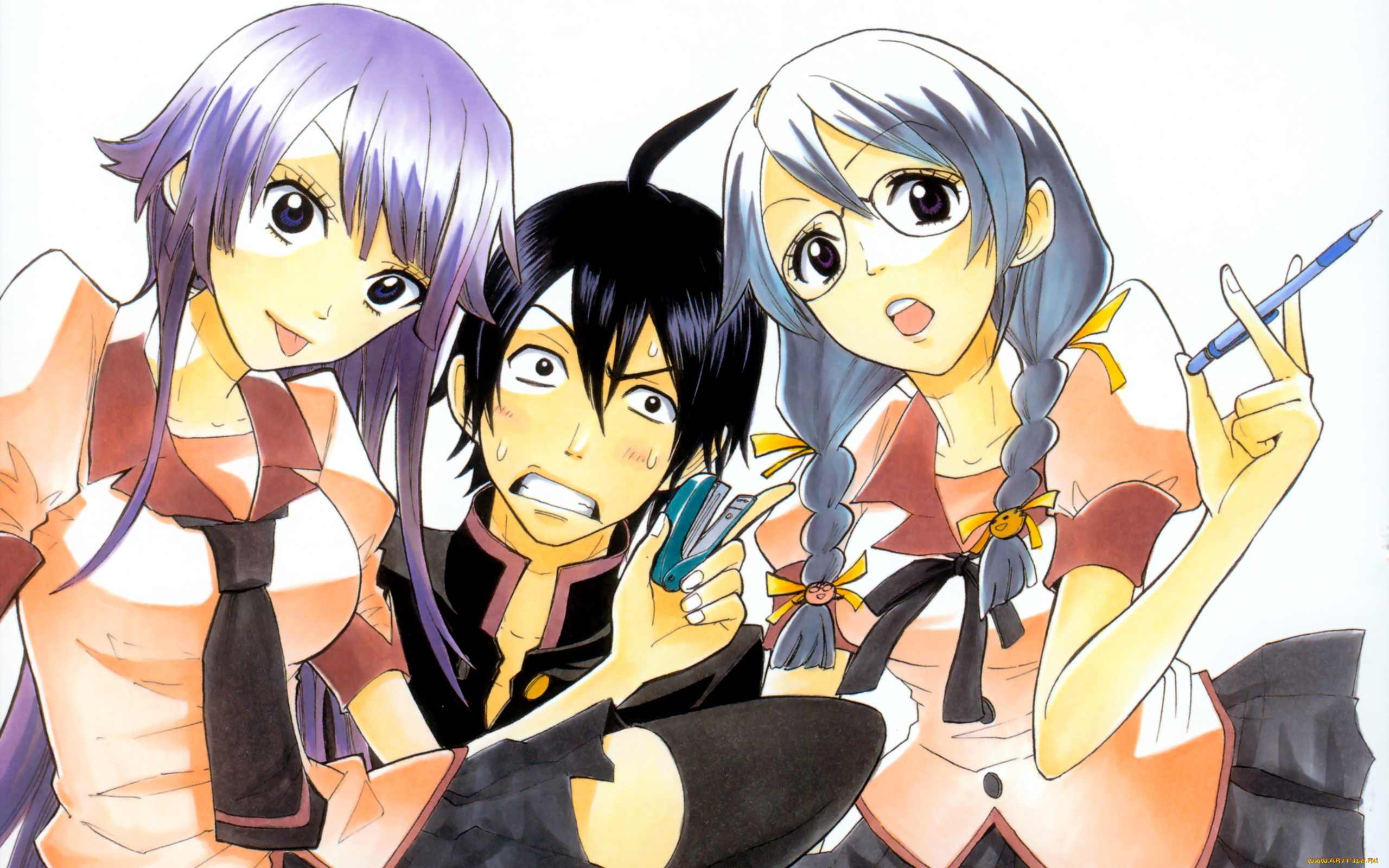 аниме, bakemonogatari, senjougahara, hitagi, девушка, форма, инструменты, степлер, hanekawa, tsubasa, косички, очки, araragi, koyomi, мужчина