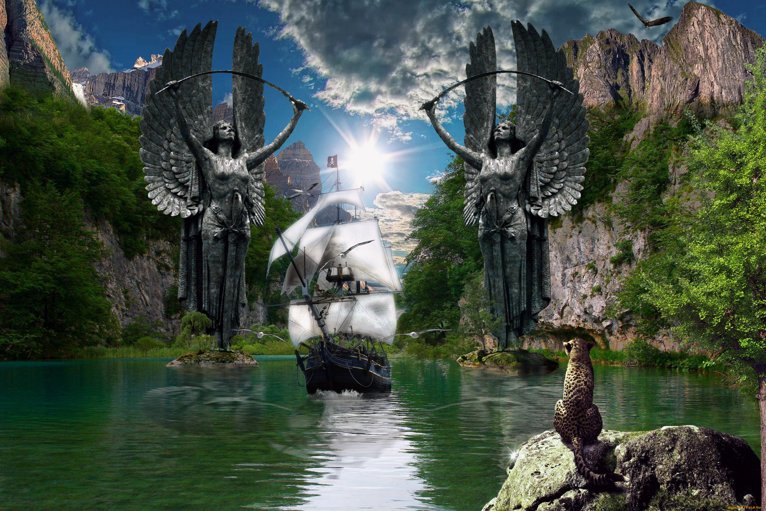 фэнтези, пейзажи, солнце, скалы, статуя, судно