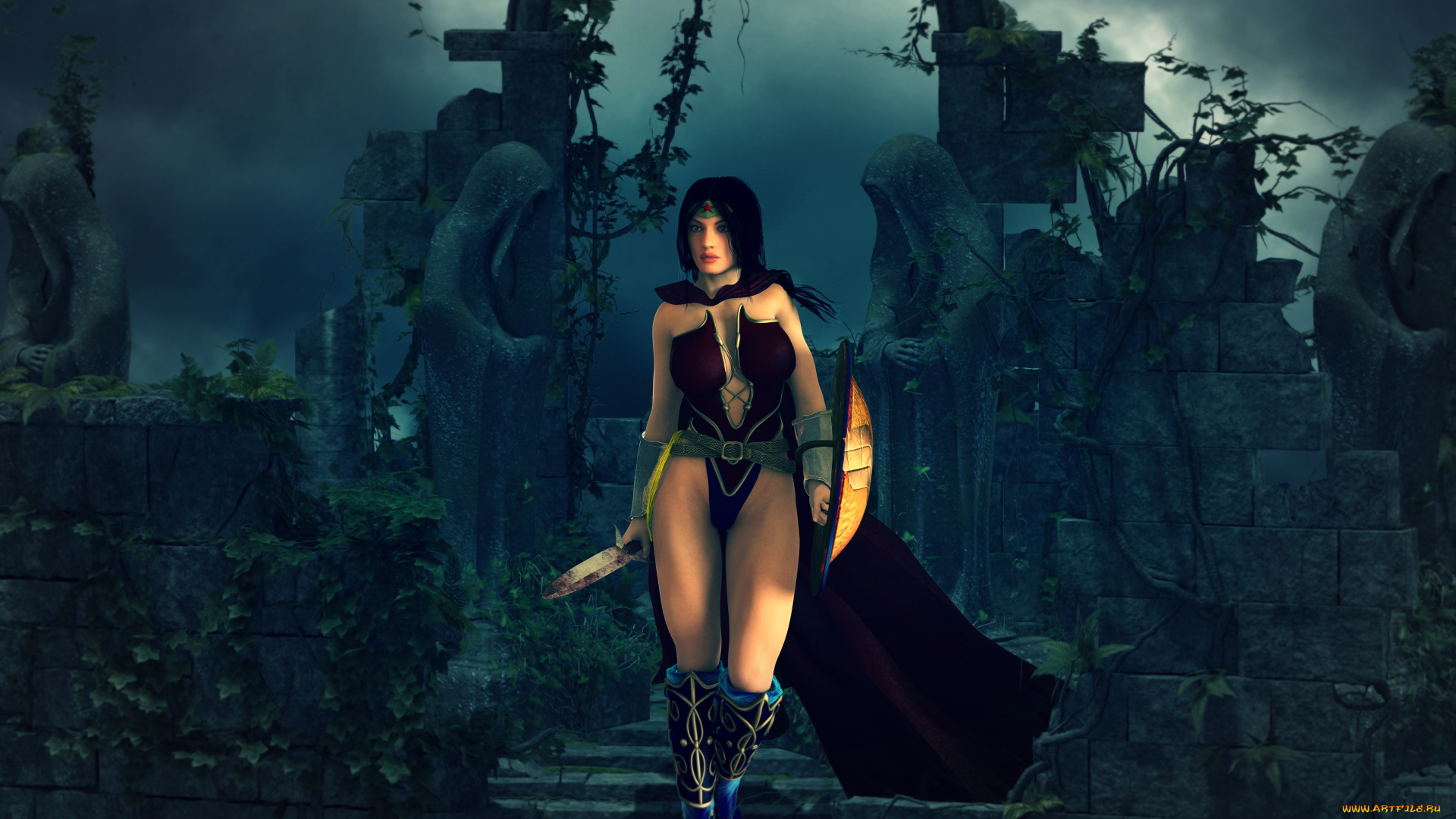 3д, графика, амазонки, , amazon, щит, оружие, фон, взгляд, девушка