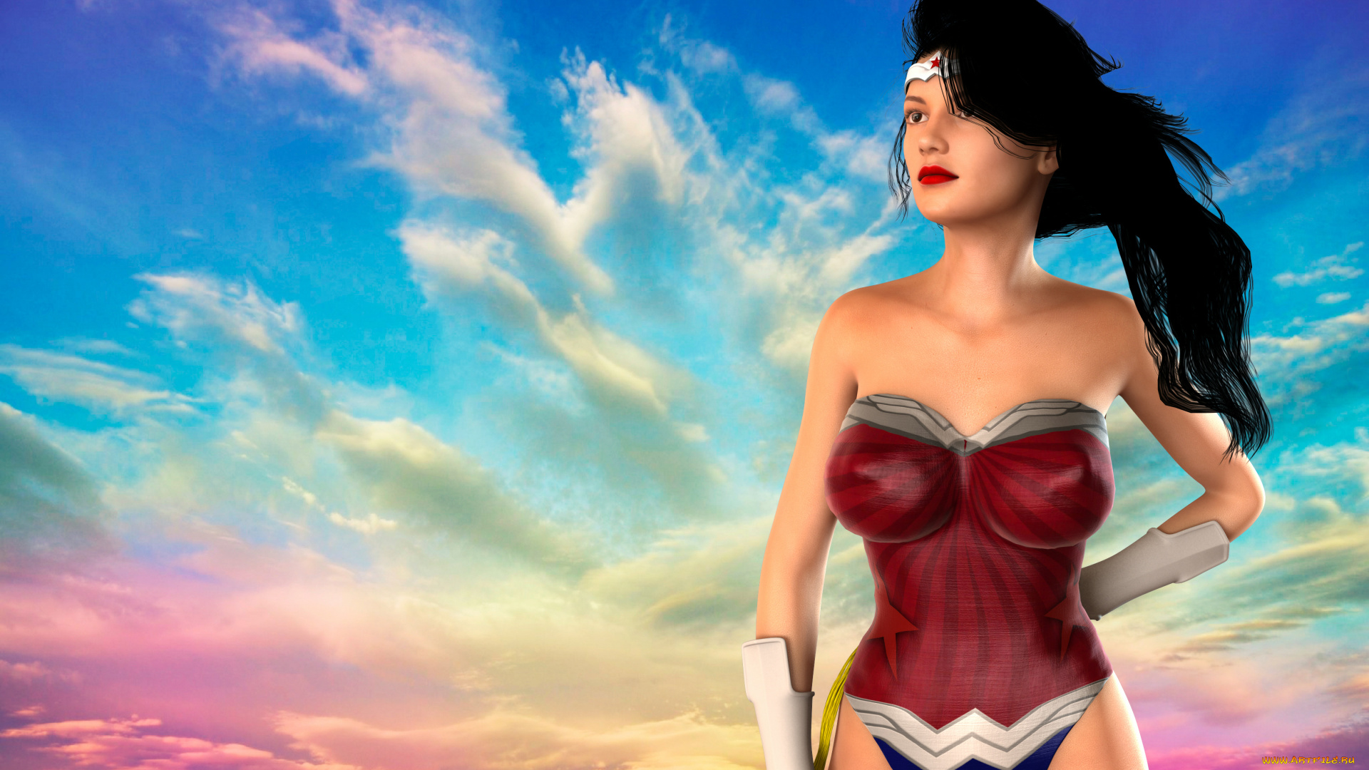 3д, графика, фантазия, , fantasy, облака, фон, взгляд, девушка