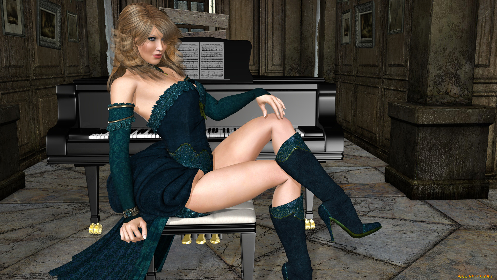 3д, графика, люди, , people, девушка, стул, фон, пианино, улыбка, взгляд