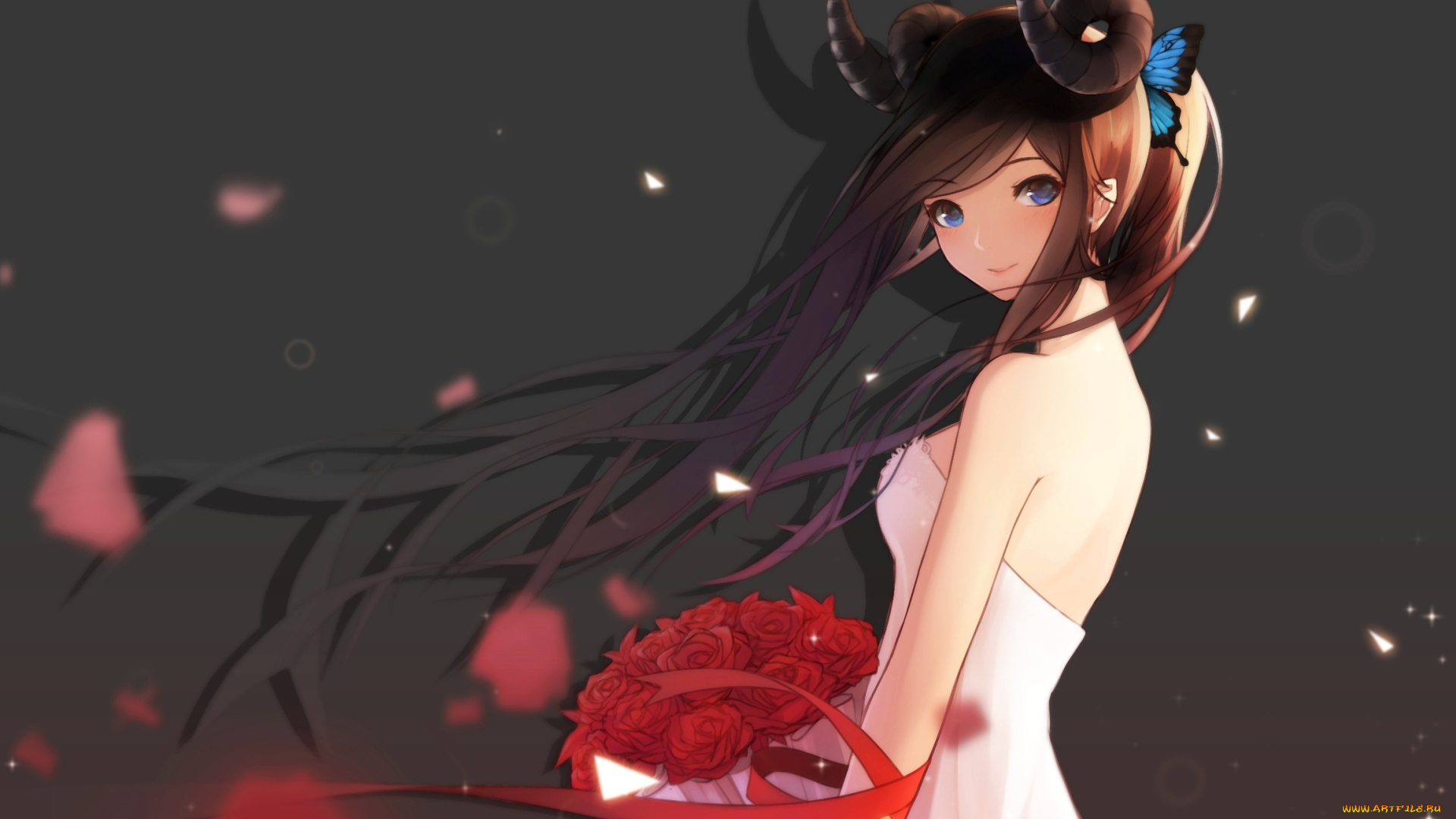 аниме, ангелы, , демоны, ariinine, розы, фон, девушка, букет, рога, арт