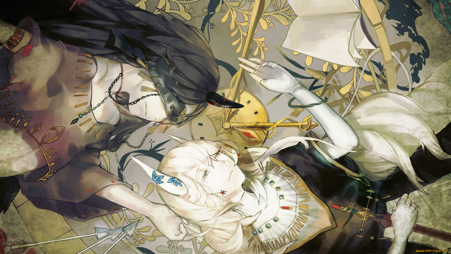 аниме, ангелы, , демоны, nibanmachi, wakai, мужчина, рога, повязка, демон, оружие, меч, перчатки, серьги, браслет, книга, подвеска, кулон, цепь, украшения, ожерелье, часы, стрела