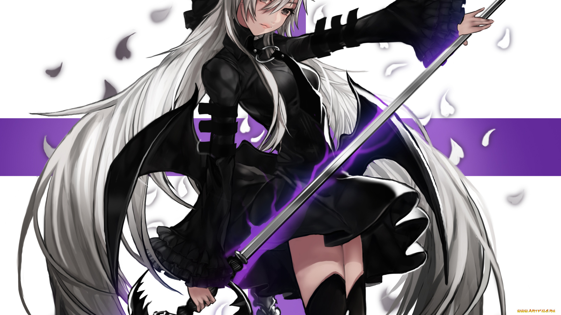 аниме, ангелы, , демоны, pantsumoriko, девушка, демон, рога, крылья, хвост, хребет, оружие, меч, платье, лепестки, бант, доспех