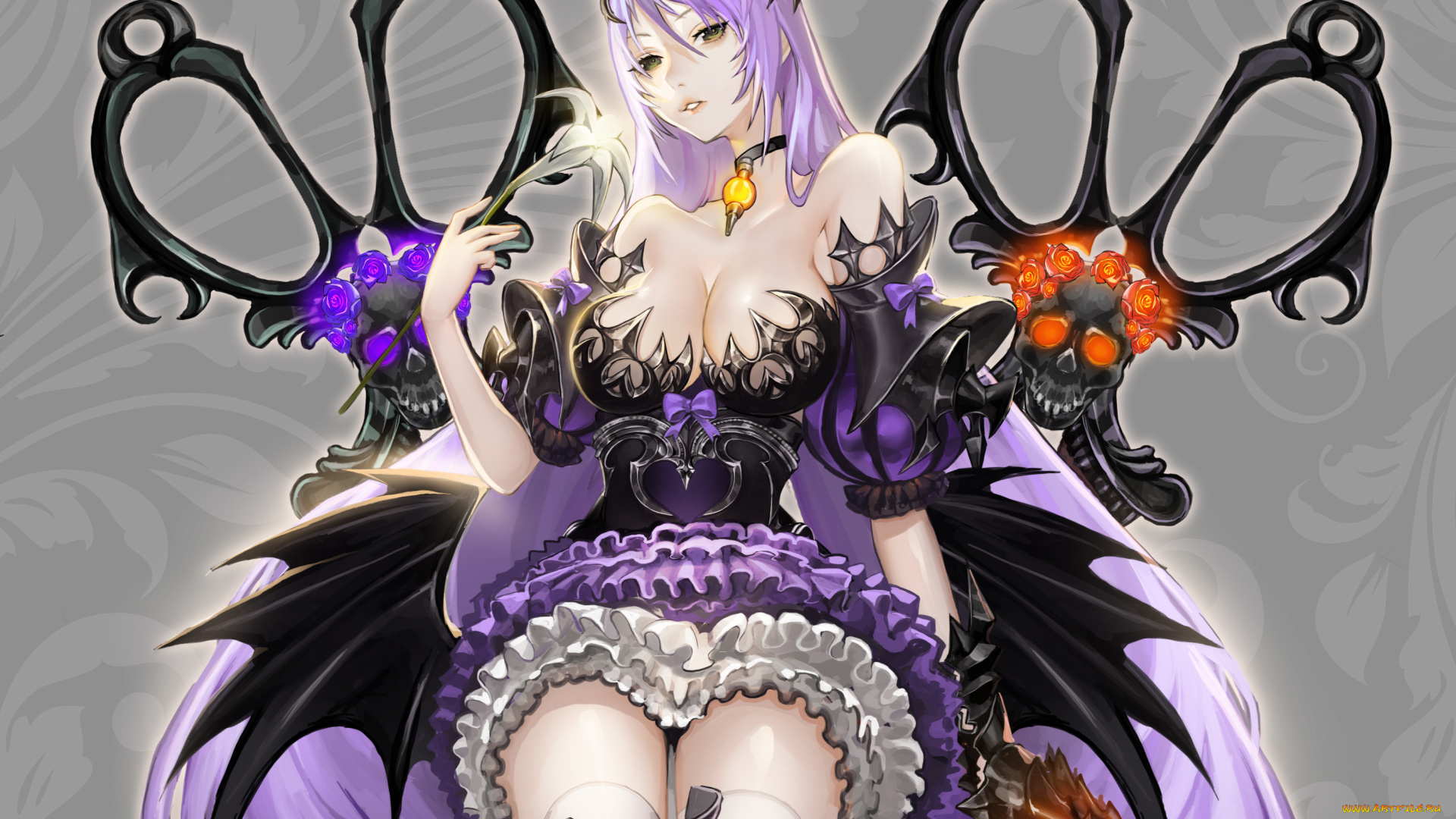 аниме, ангелы, , демоны, pantsumoriko, девушка, демон, рога, крылья, платье, доспех, оружие, перчатка, кастет, цветок, кулон, череп