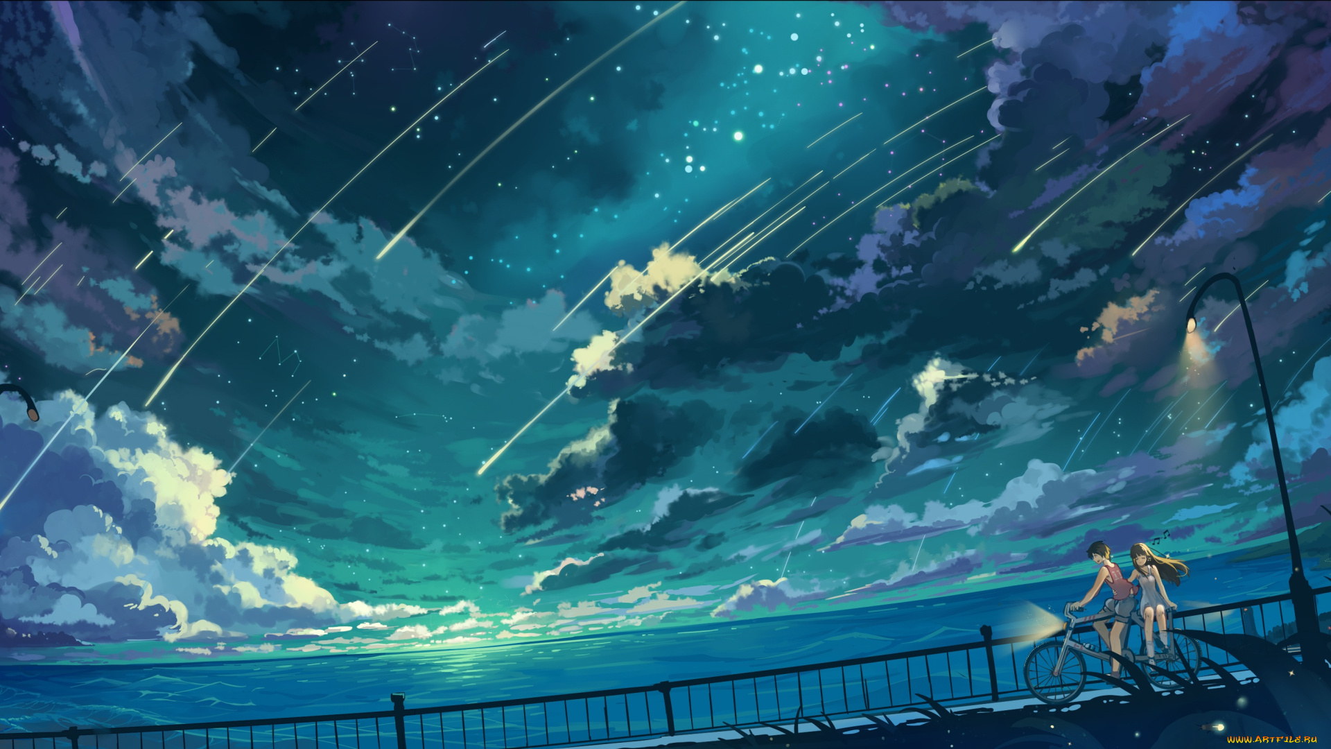 аниме, город, , улицы, , здания, небо, улица, арт, парень, велосипед, пара, ночь, набережная, девушка, фонари, haraguroi, you