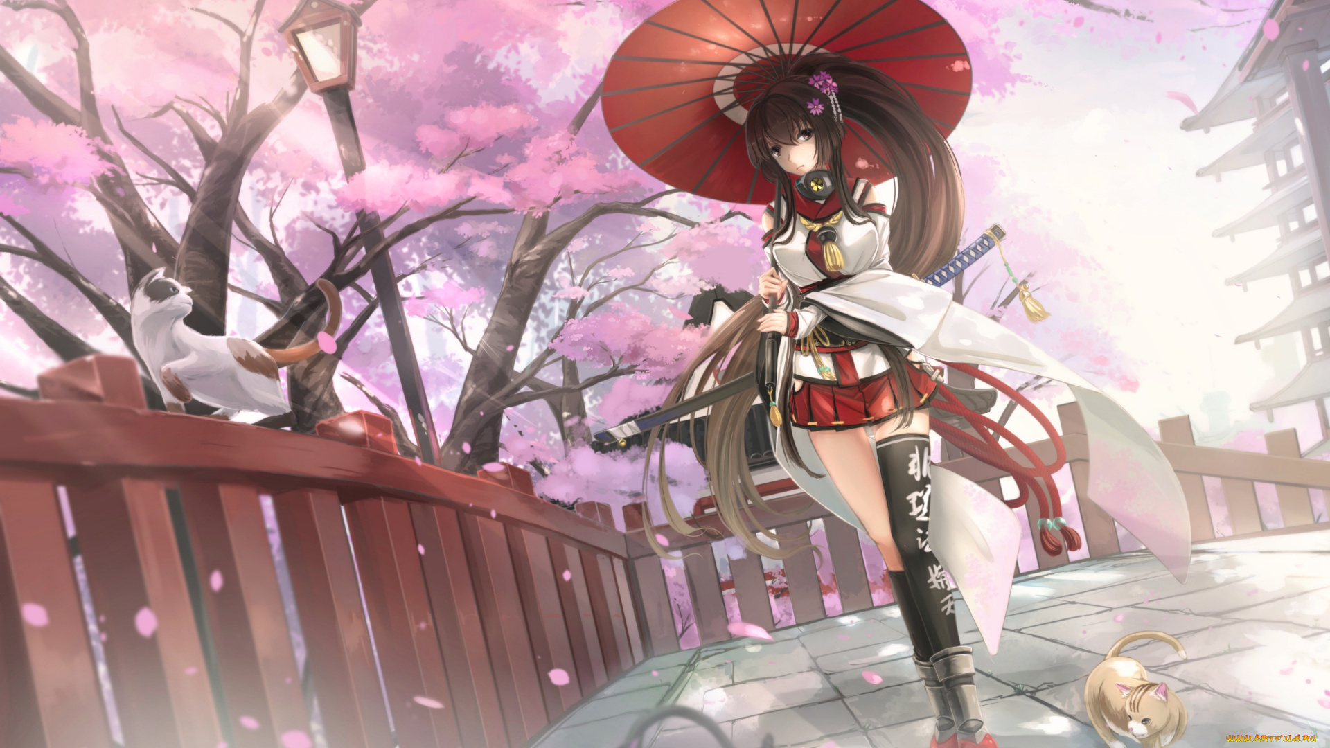 аниме, kantai, collection, весна, kantai, collection, цветение, кошка, деревья, сакура, кот, kikivi, kancolle, yamato, девушка, зонт, арт