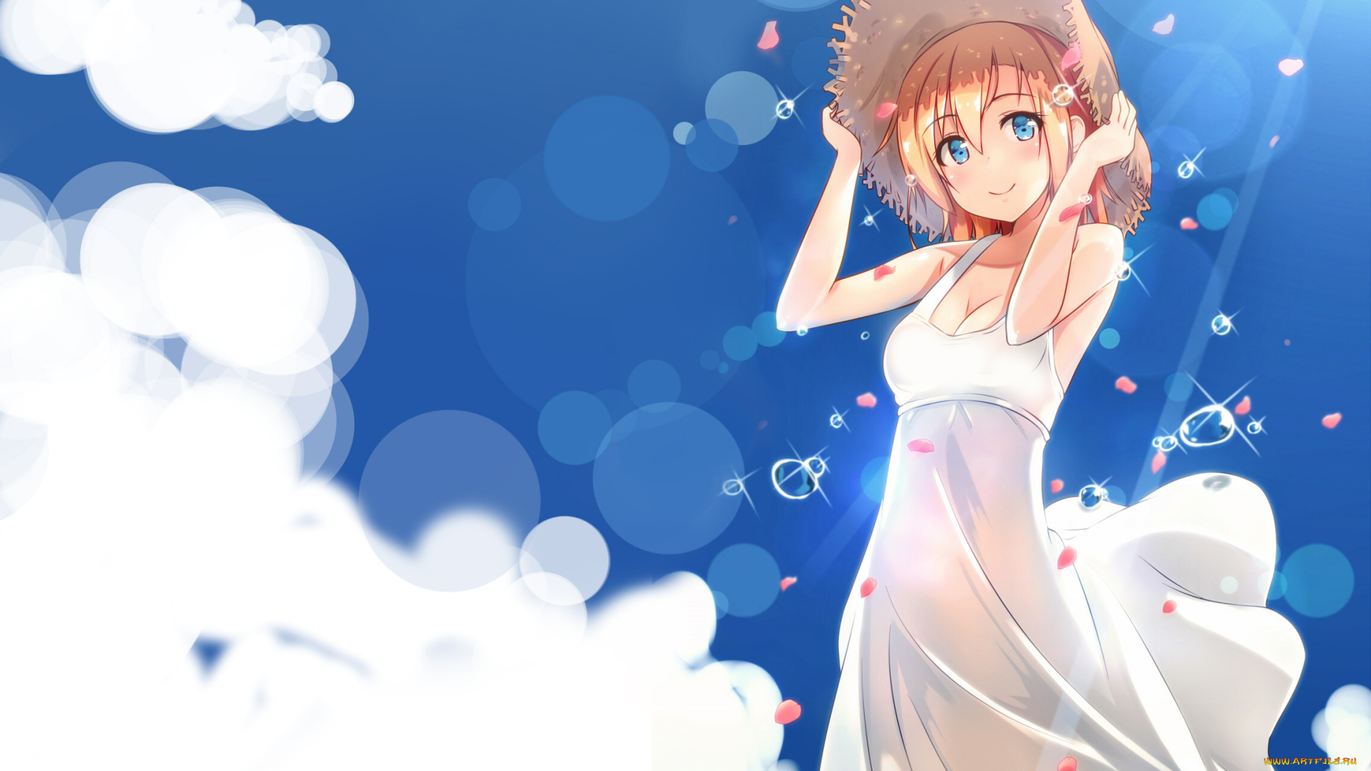 аниме, love, live, , school, idol, project, love, live, school, idol, project, kousaka, honoka, shuuichi, арт, девушка, небо, облака, шляпка