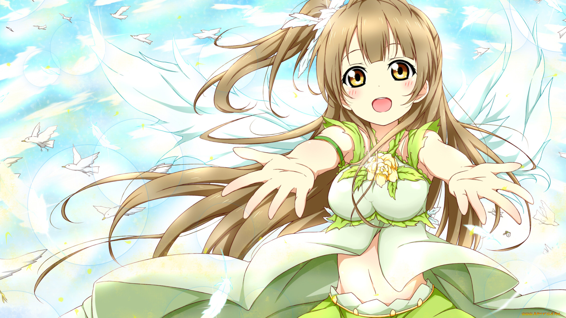 аниме, love, live, , school, idol, project, minami, kotori, karamoneeze, арт, девушка, небо, птицы