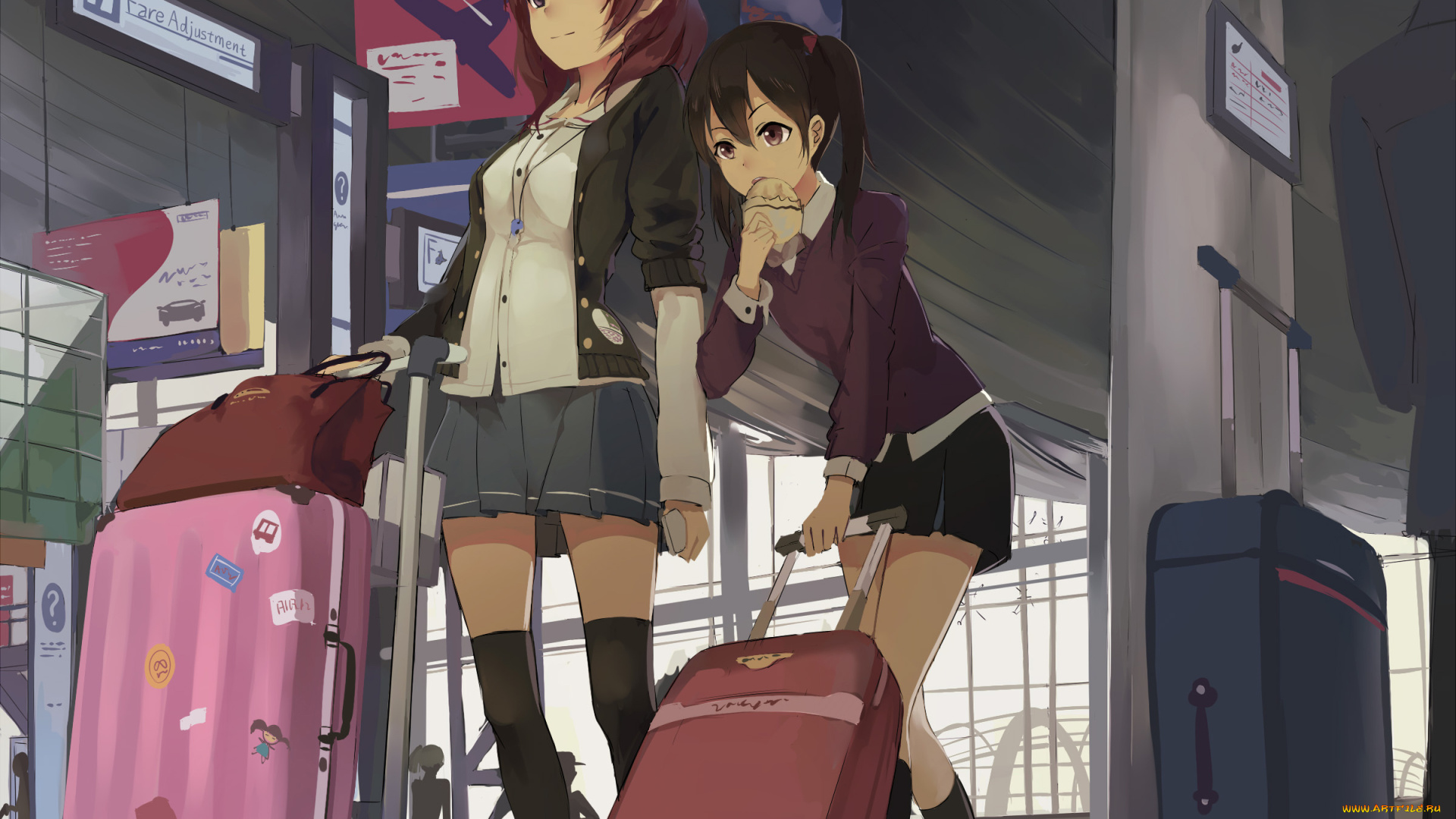 аниме, love, live, , school, idol, project, nishikino, maki, yazawa, nico, девушки, сумки, чемоданы, аэропорт, gensou, kuro, usagi