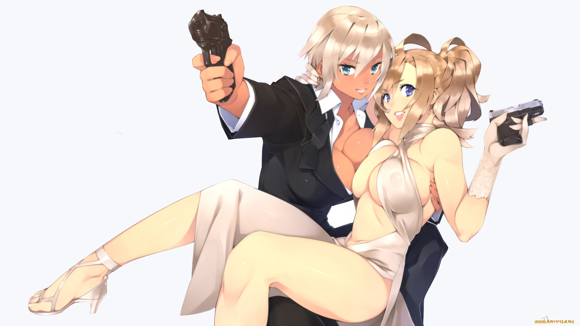 аниме, оружие, , техника, , технологии, девушки, real, xxiii's, dark, skinned, girl, xxiii, платье, костюм, ahoge, пистолет, перчатки, туфли