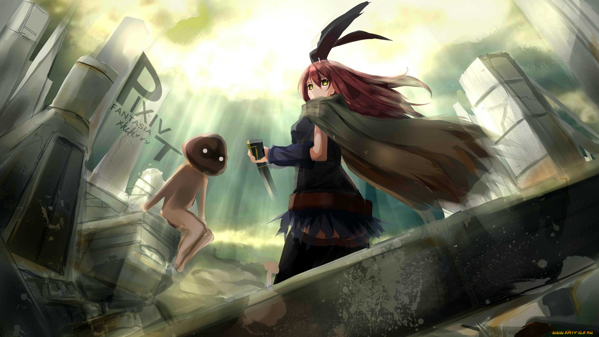 аниме, pixiv, fantasia, меч, девушка, существо, pixiv, fantasia