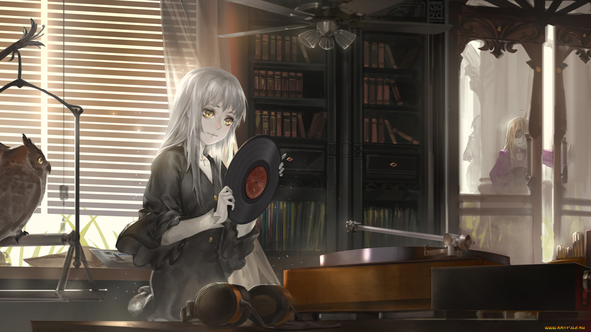 аниме, pixiv, fantasia, pixiv, fantasia, alcd, арт, девушка, проигрыватель, жалюзи, окна, пластинка, наушники, комната, птица, сова