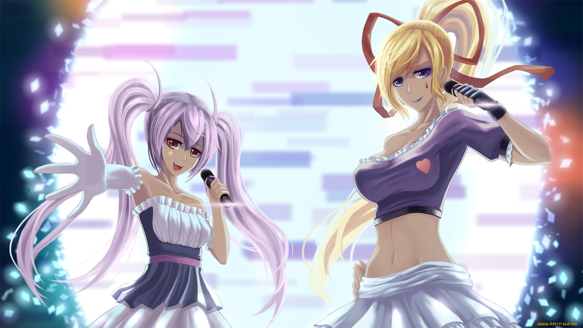 аниме, pixiv, fantasia, pixiv, fantasia, микрофоны, сцена, девушки