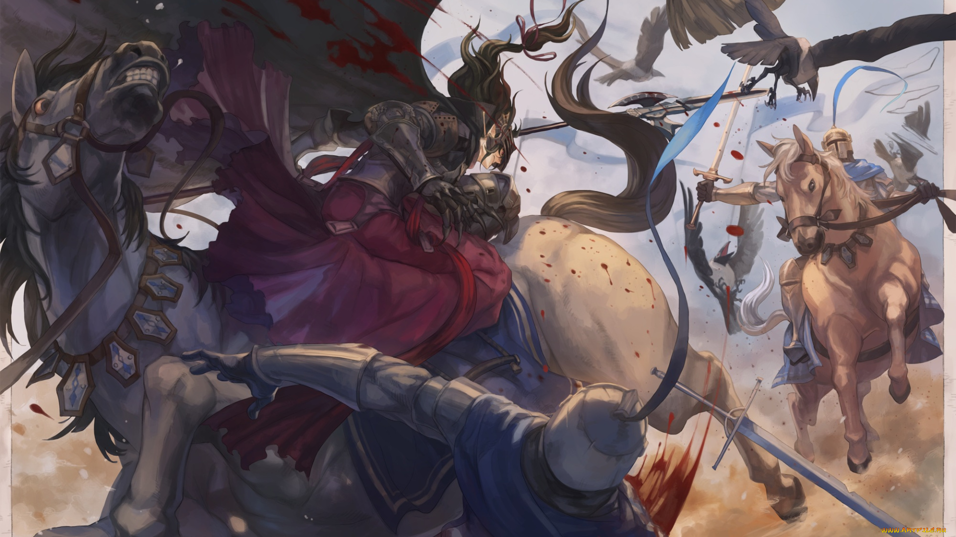 аниме, pixiv, fantasia, плащ, кровь, всадник, лошади, парень, арт, oca, pixiv, fantasia