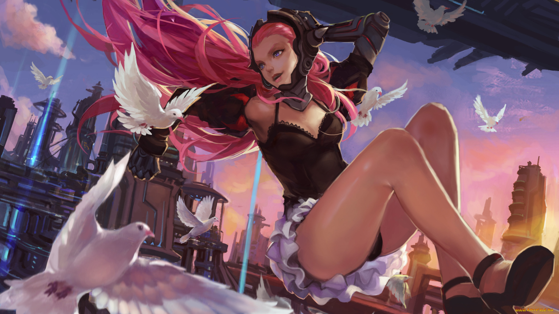 аниме, pixiv, fantasia, птицы, город, шлем, девушка, арт, pixiv, fantasia