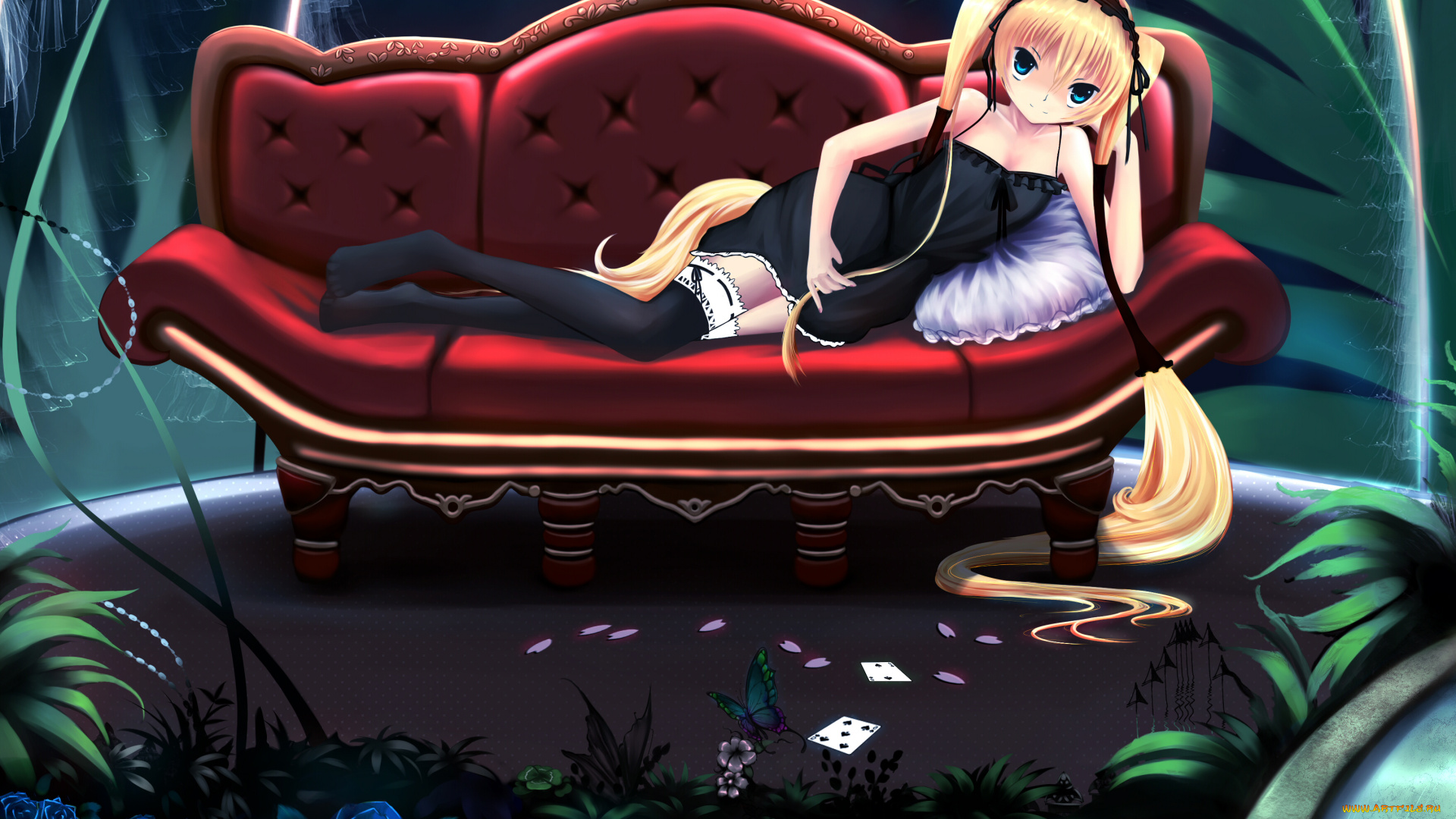 аниме, seikon, no, qwaser, ekaterina, kurae, диван, пеньюар, чепец, комната, оранжерея, растения, цветы, розы, бабочка, игральные, карты, подушка, чулки