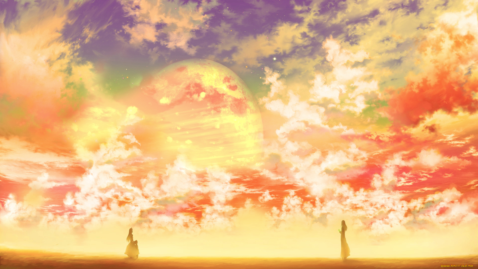 аниме, tengen, toppa, gurren-lagann, viral, мужчиина, девушка, ребенок, планета, поле, небо, облака, звезды