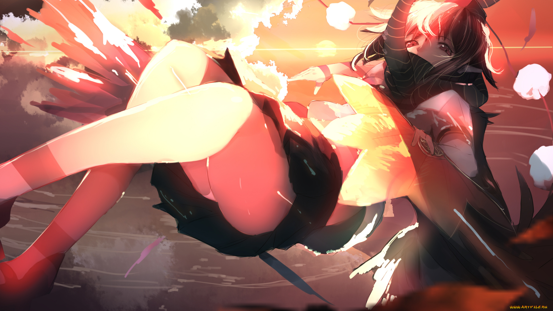 аниме, touhou, shameimaru, aya, закат, взгляд, небо, ноги, девушка, арт, omo, utakatadice, вода