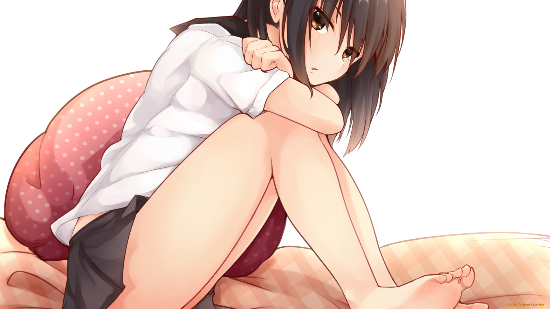 аниме, unknown, , другое, batatata77, арт, девочка, кровать, сидит, подушка