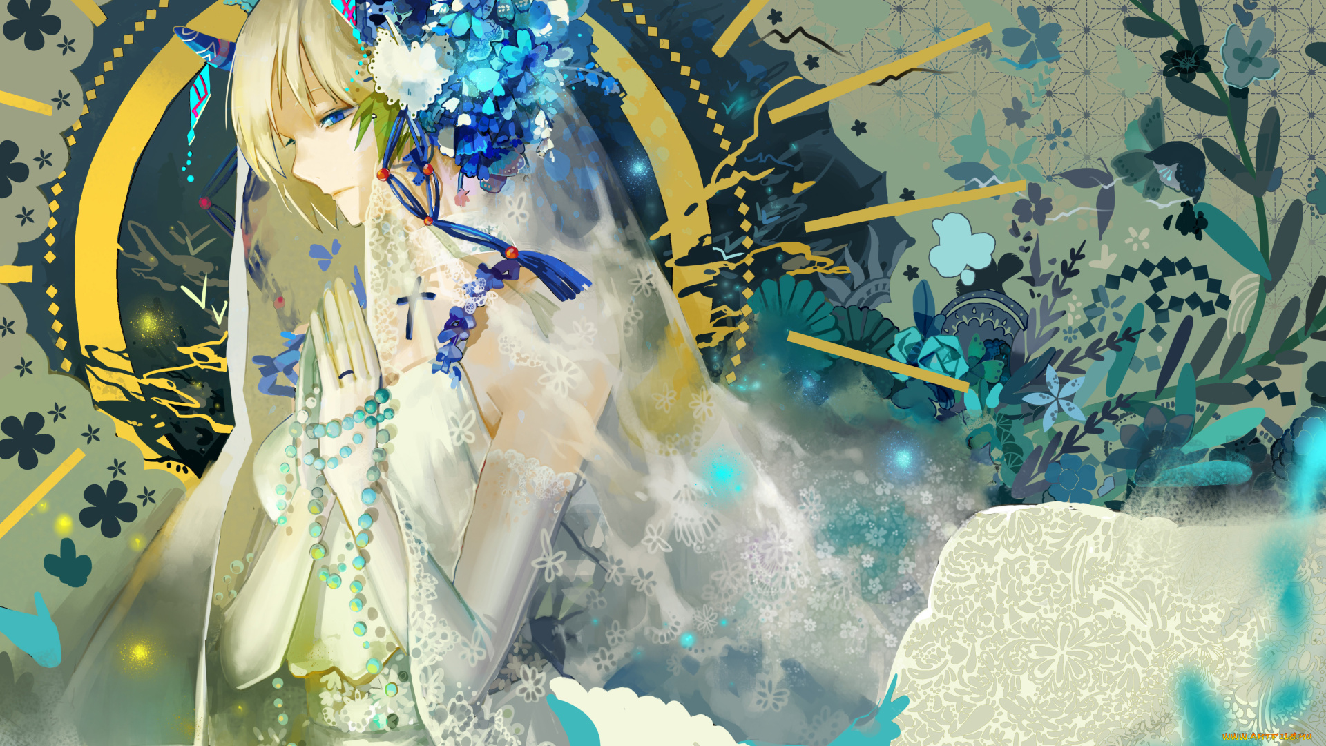 аниме, unknown, , другое, nibanmachi, wakai, девушка, свадебное, платье, кольцо, бусы, крест, фата, ленты, рога, цветы, растения