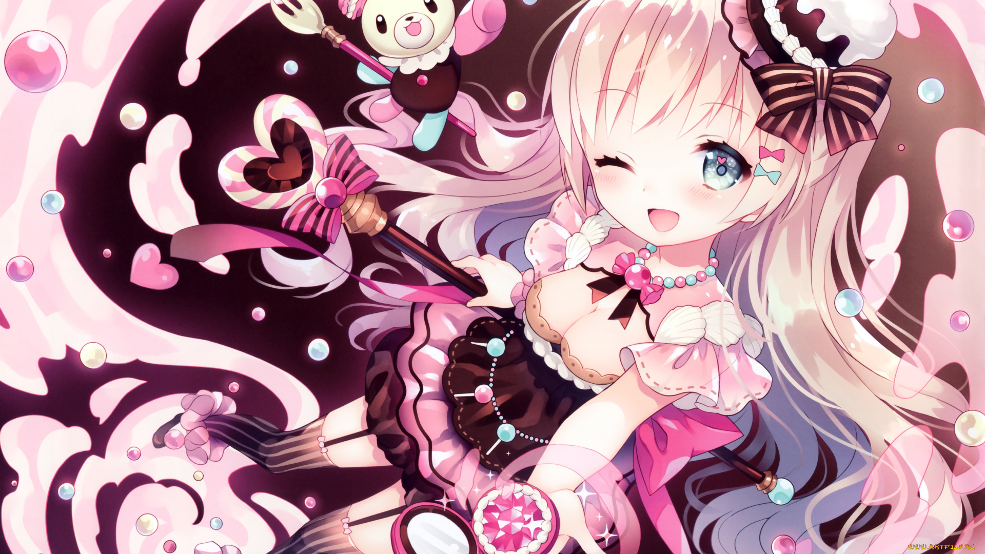 аниме, unknown, , другое, wasabi, sekai, медвежонок, шляпка, девушка, арт