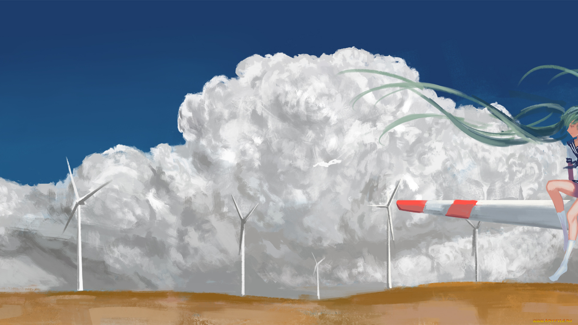 аниме, vocaloid, hatsune, miku, sombernight, арт, девушка, небо, облако, мельница