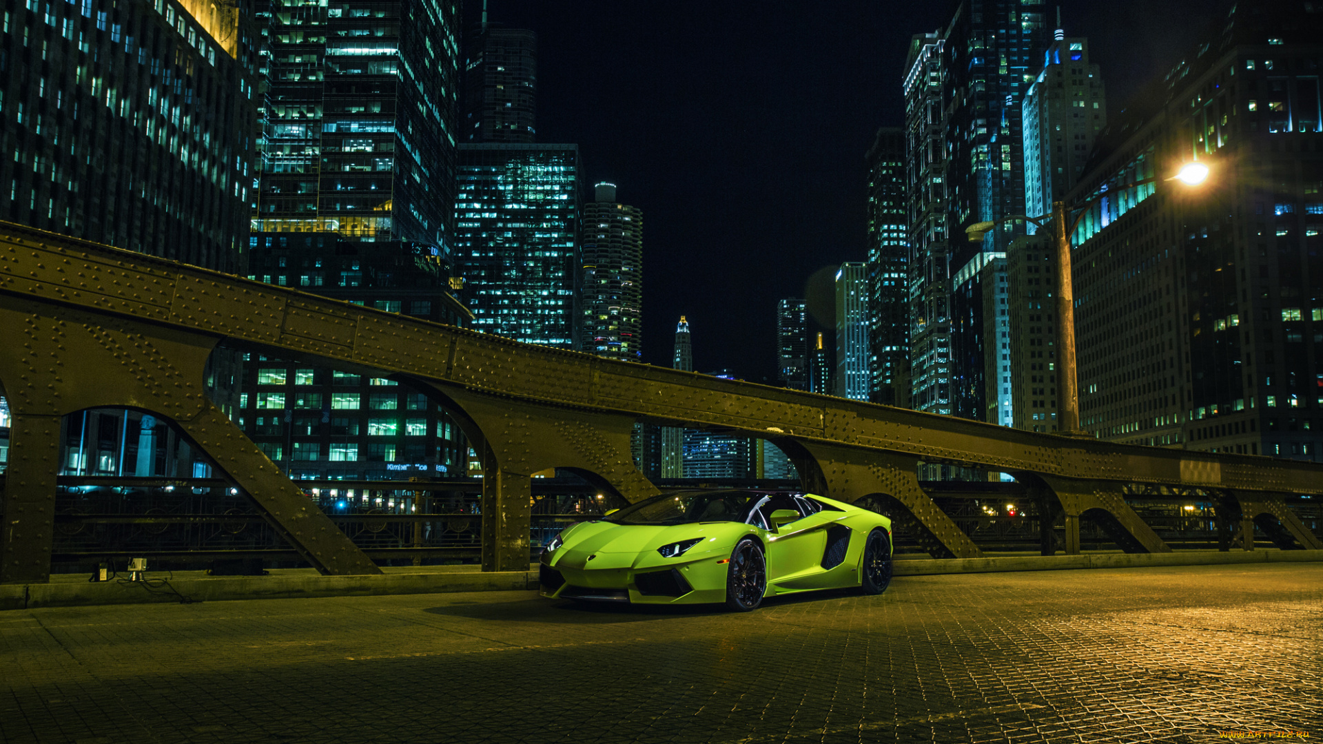 автомобили, lamborghini, nigth, chicago, downtown, city, supercar, green, front, roadster, lp700-4, aventador