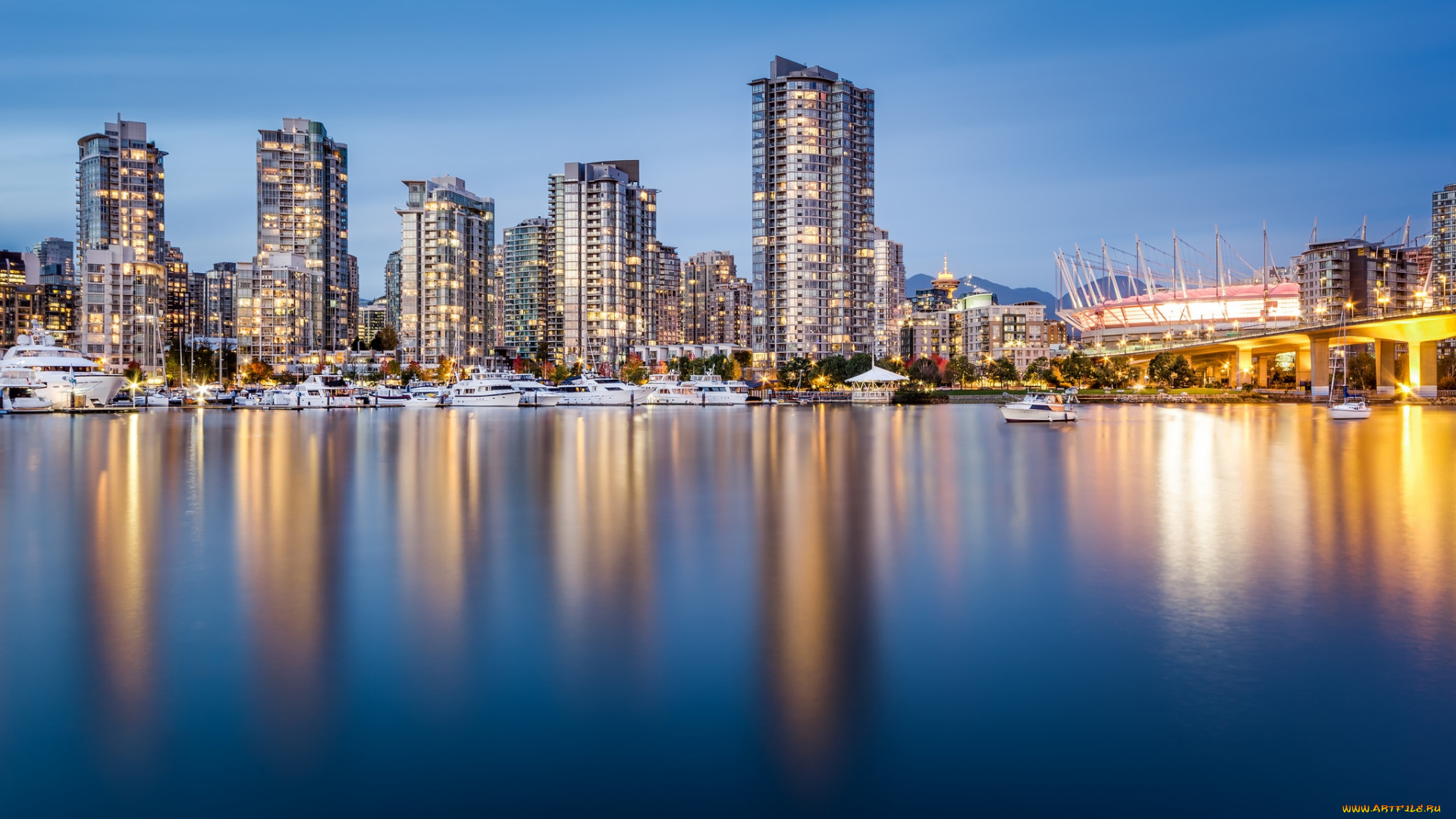 bc, place, and, yaletown, города, -, панорамы, огни, высотки, гавань, вечер