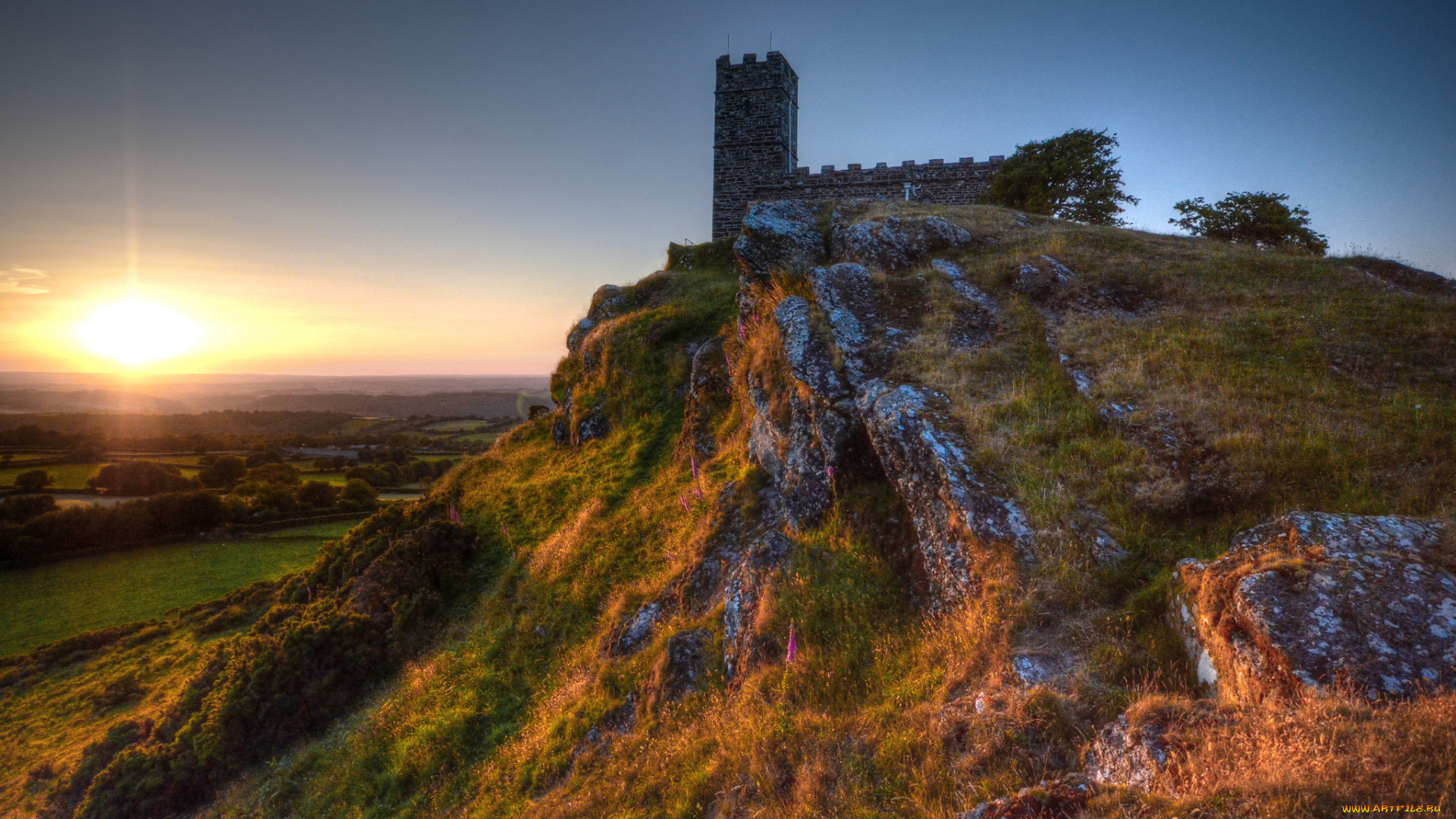 brentor, church, at, sunset, города, -, католические, соборы, , костелы, , аббатства, святилище, холм