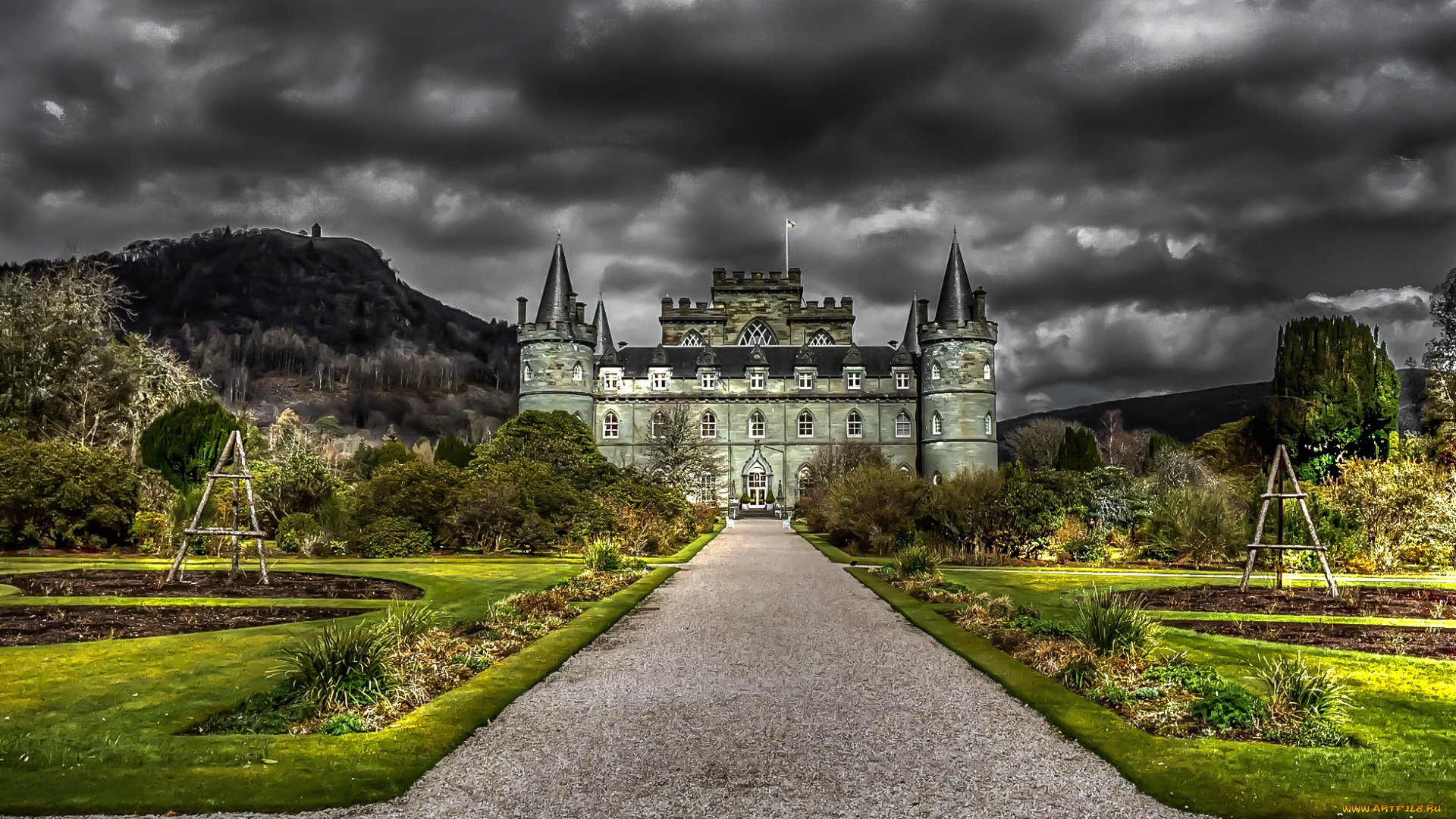 castle, города, -, дворцы, , замки, , крепости, сумрак, тучи, замок, парк