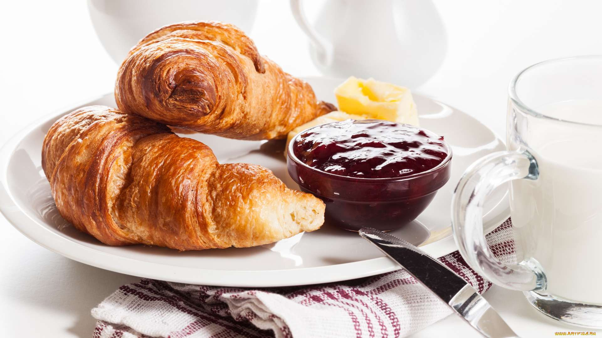 еда, хлеб, , выпечка, breakfast, мооко, круассаны, джем, завтрак, milk, cup, butter, croissant, сливки