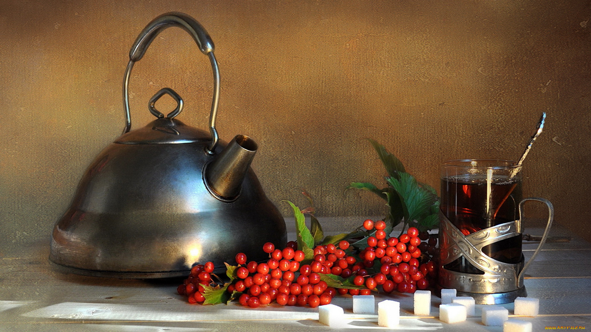 еда, напитки, , Чай, осень, фон, чай, ягоды, натюрморт, напиток, композиция, калина