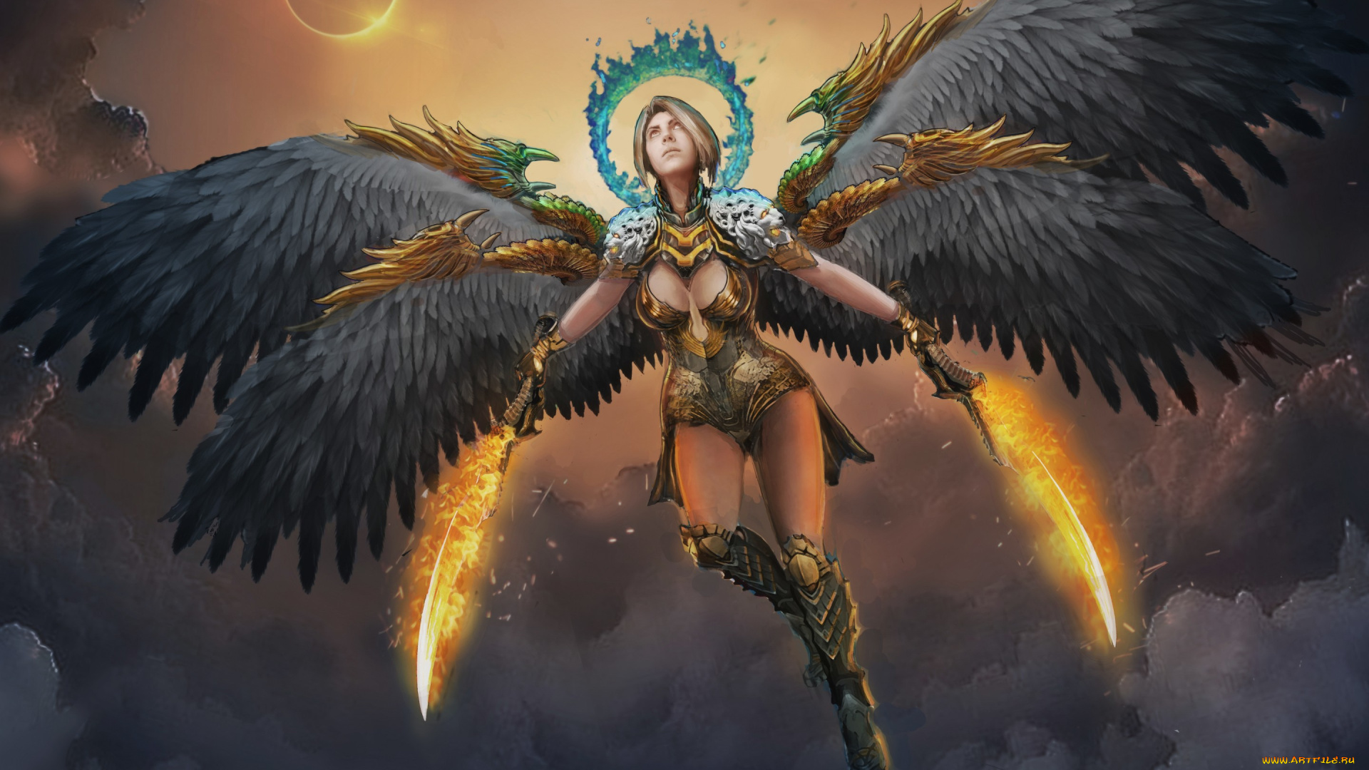 фэнтези, ангелы, клинок, огонь, затмение, солнце, небо, крылья, магия, ведьма, меч, девушка