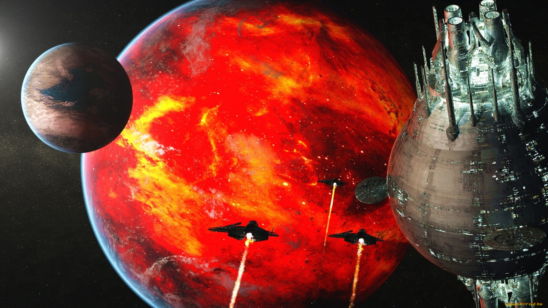 фэнтези, космические, корабли, , звездолеты, , станции, fire, planet, rich35211, scott, richard, sci-fi, spaceships, space, научная, фантастика, космос, будущее, футуристический, пейзаж, станция, колония, огненная, планета, спутники, луны, корабли, другие, миры