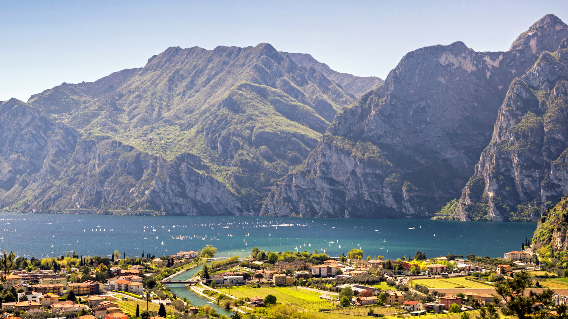 города, -, пейзажи, горы, дома, городок, озеро, lake, garda, torbole, италия