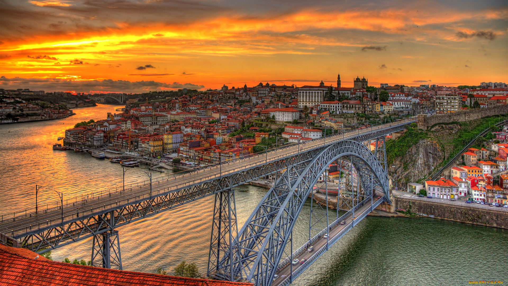 города, порту, , португалия, закат, вечер, дома, канал, река, мост, ponte, luis, porto