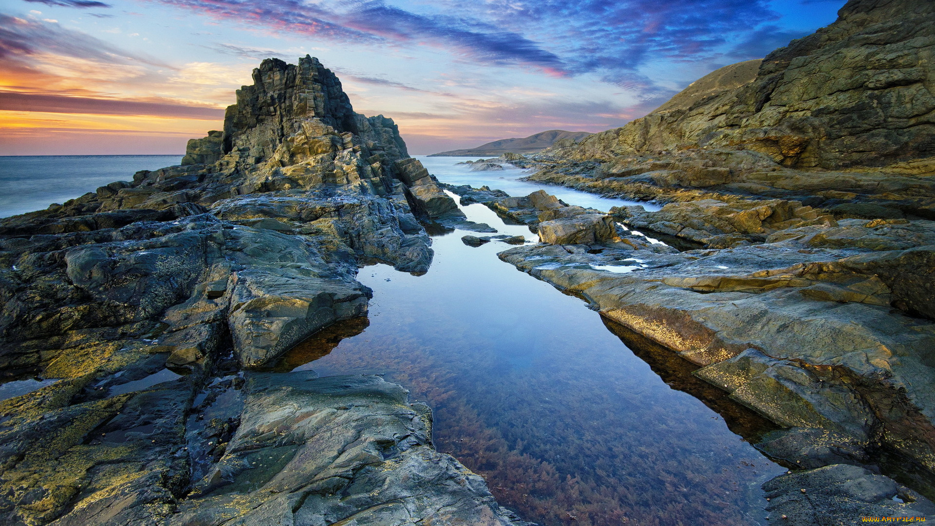 природа, побережье, канарские, острова, океан, пляж, утро, скалы, спокойствие, восход, водоросли