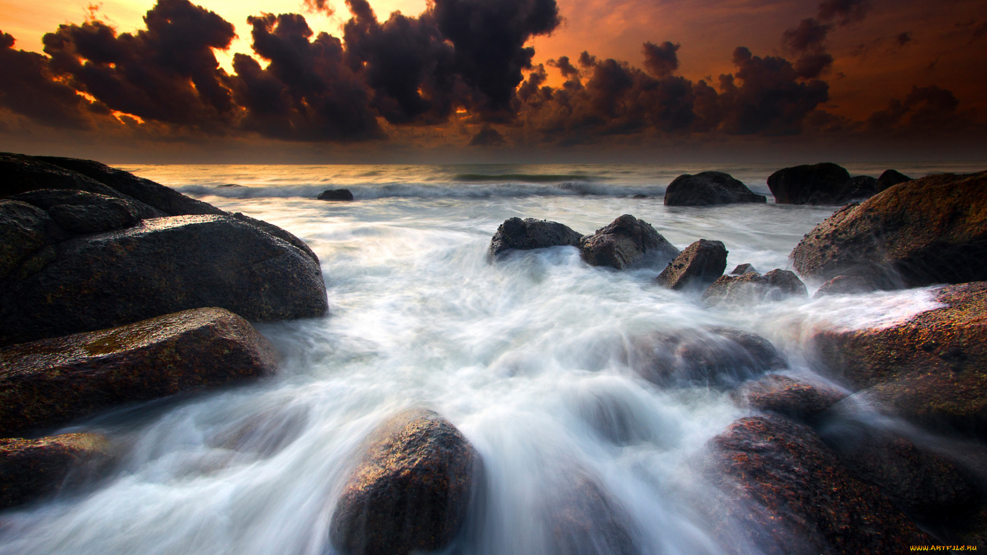 природа, побережье, море, камни, скалы, облака, небо, выдержка, волны