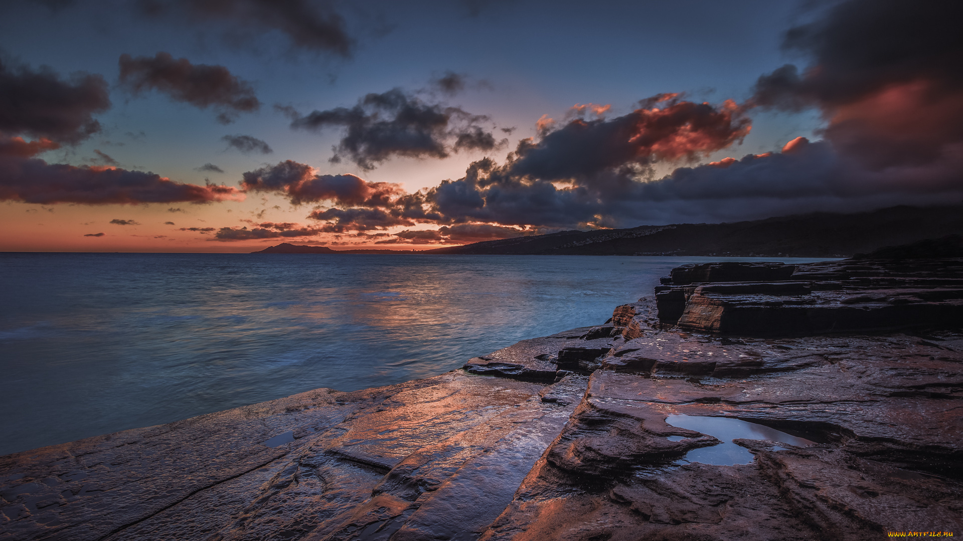 природа, побережье, сумерки, закат, берег, море