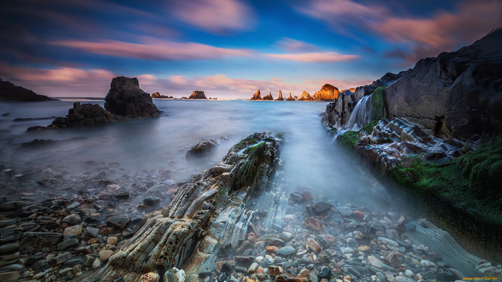 природа, побережье, выдержка, море, камни, княжество, астурия, испания, скалы, бискайский, залив