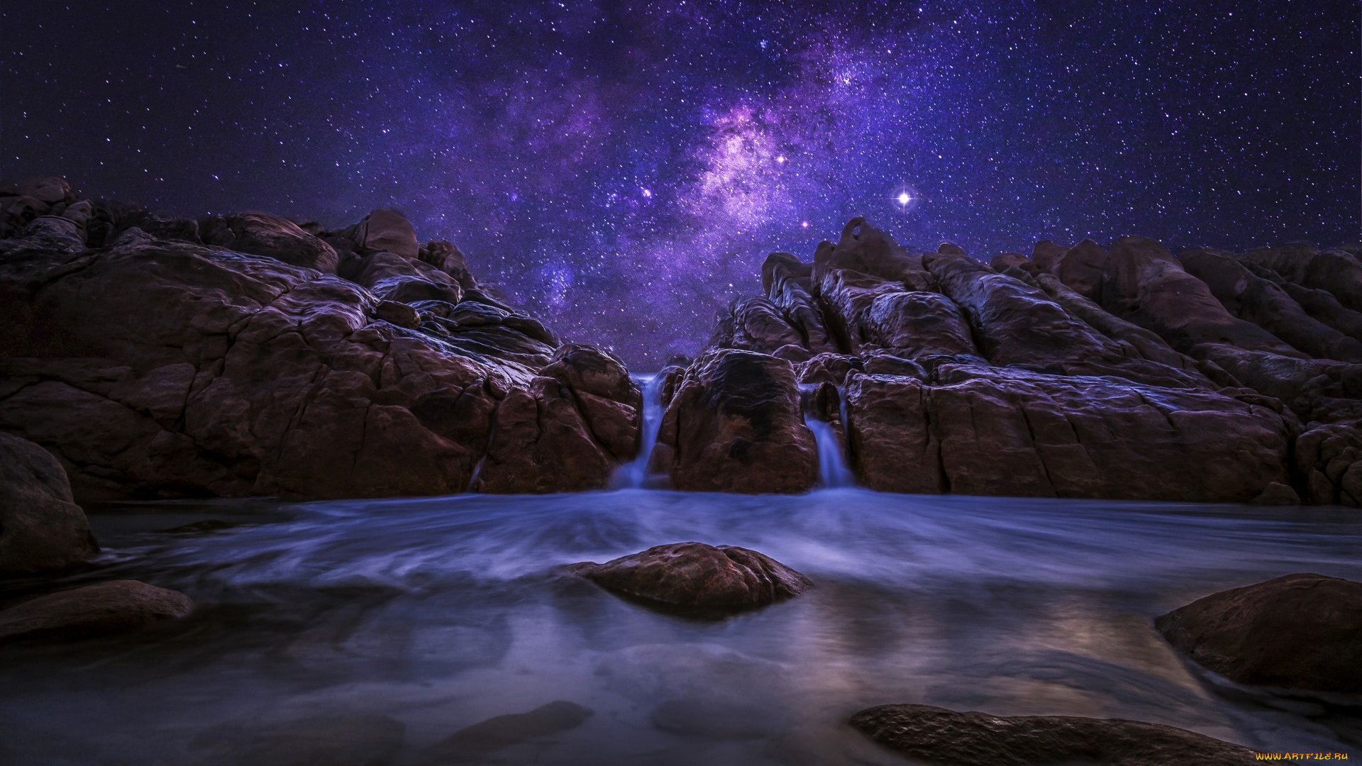 природа, реки, озера, океан, ночь, западная, австралия, млечный, путь, камни, скалы, небо