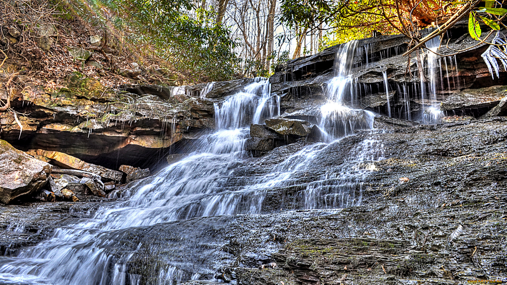 природа, водопады, лес, река, водопад