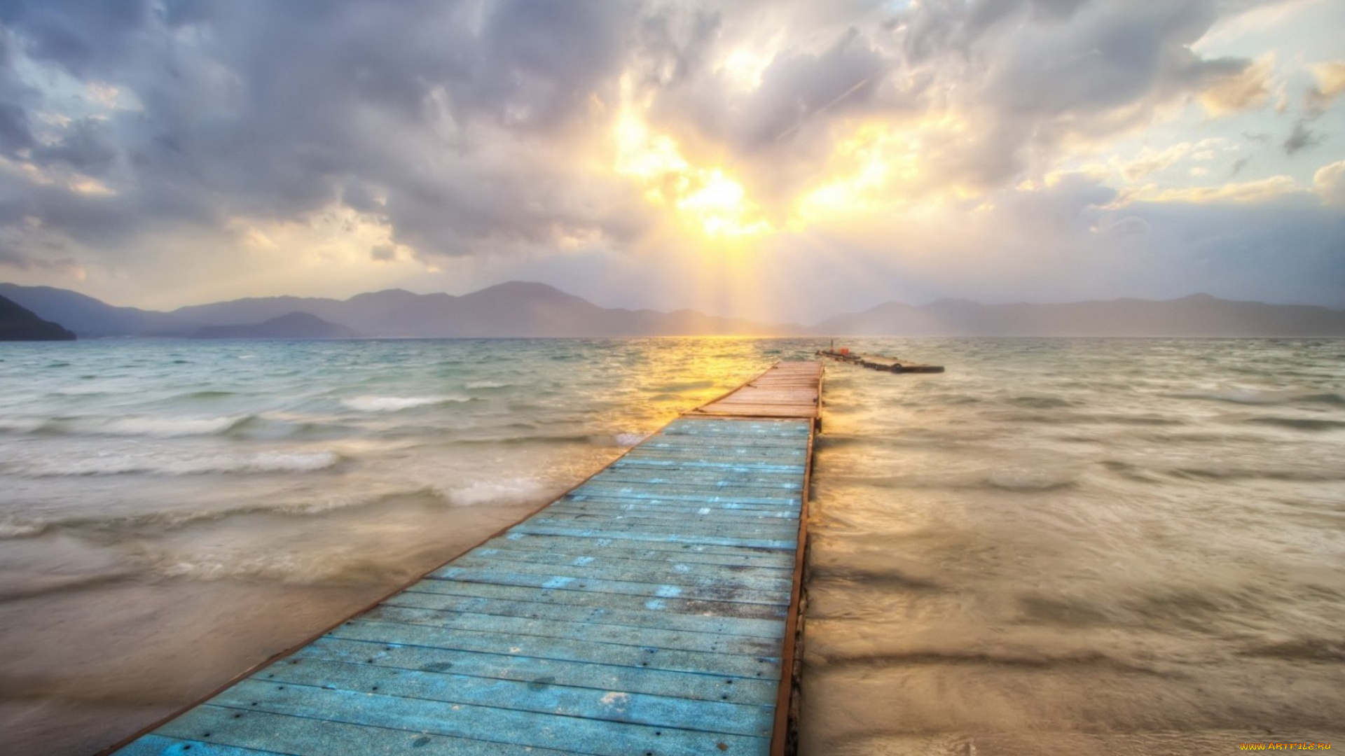 природа, восходы, закаты, озеро, горы, тучи, закат, причал, мост, берег