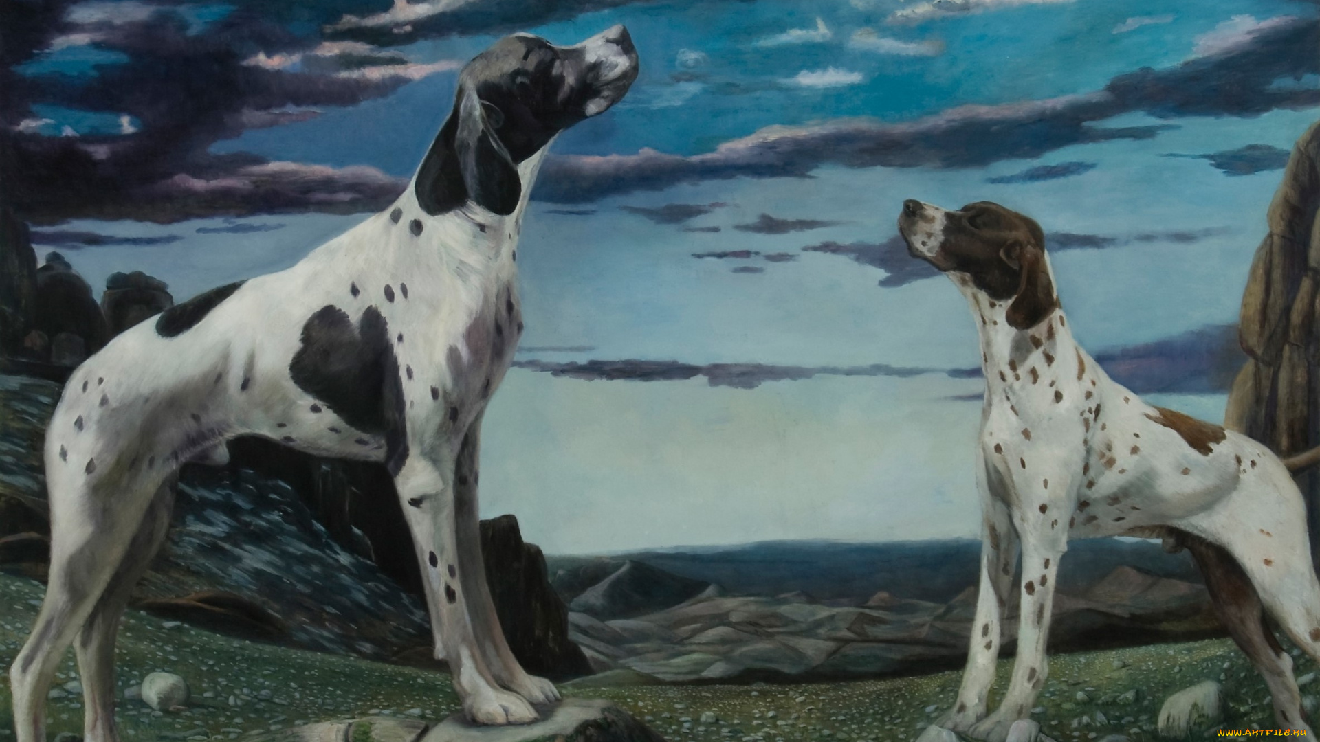 рисованное, животные, , собаки, собаки, облака