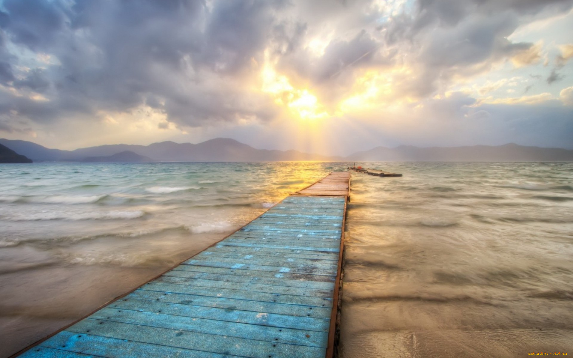 природа, восходы, закаты, озеро, горы, тучи, закат, причал, мост, берег